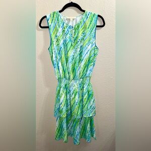 Etcetera‎ Green and Blue Sleeveless Ruffle Button Open Front Mini Dress- Size 8